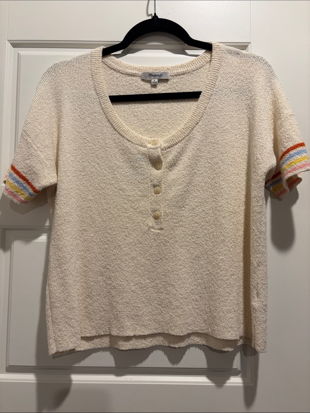 Madewell Cream Knit Button Henley with Rainbow Sleeve Stripes